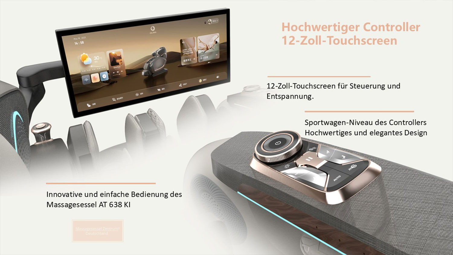 Massagesessel Alpha Techno AT 638 KI - Detailansicht vom großen Touchscreen Display und der Schnelleinstellung in der Armlehne. Massagesessel Alpha Techno AT 638 KI - Detailansicht vom großen Touchscreen Display und der Schnelleinstellung in der Armlehne.