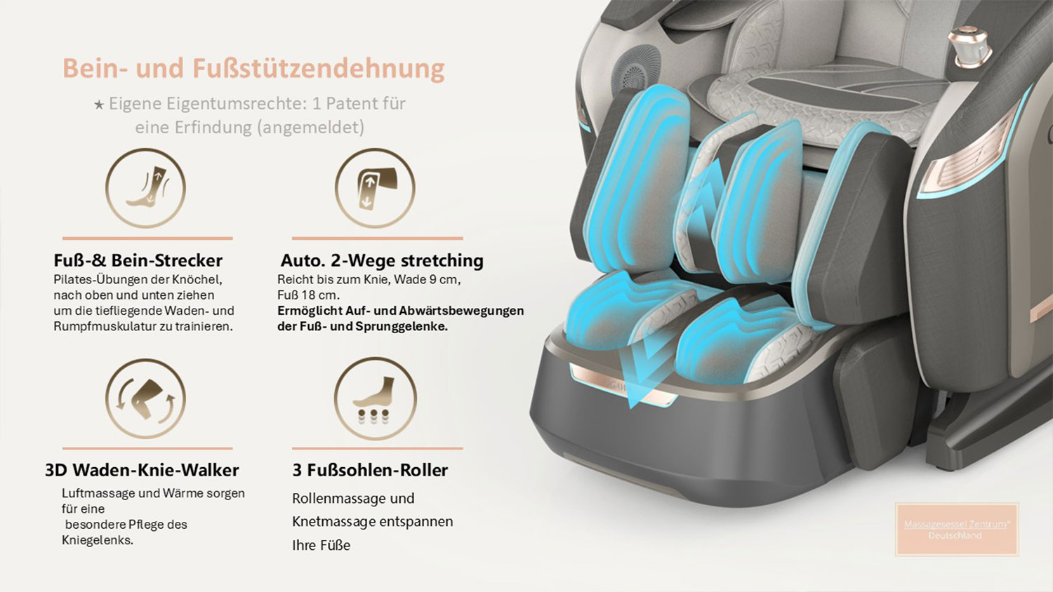 Alpha Techno-Massagesessel- AT 638 KI - Detailansicht Fußteil mit Massage und Airbags. Alpha Techno-Massagesessel- AT 638 KI - Detailansicht Fußteil mit Massage und Airbags.