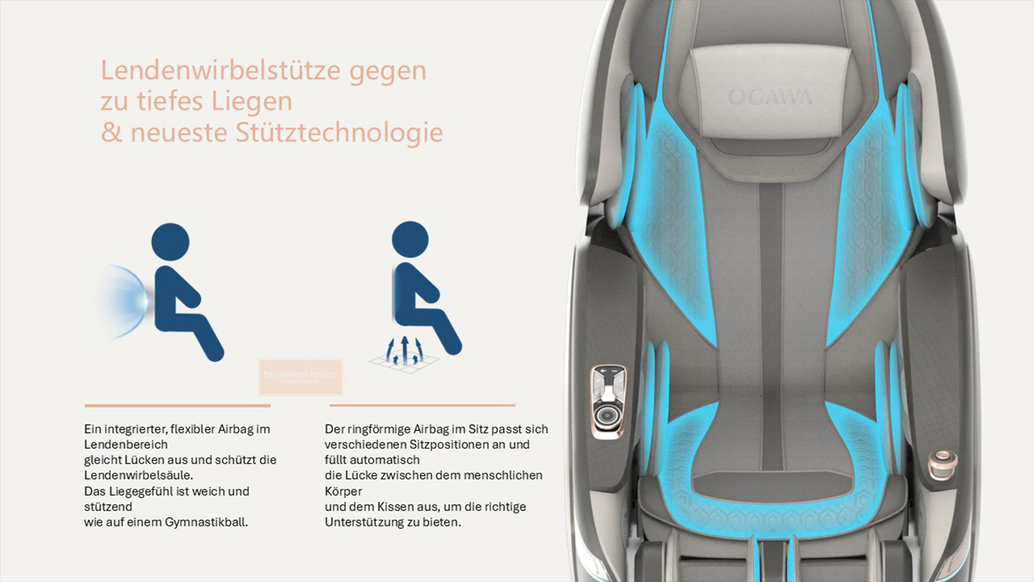 Alpha Techno-Massagesessel- AT 638 KI - Detailansicht von intelligentem Rücken- und Lendenstützsystem aus Airbags. Alpha Techno-Massagesessel- AT 638 KI - Detailansicht von intelligentem Rücken- und Lendenstützsystem aus Airbags.