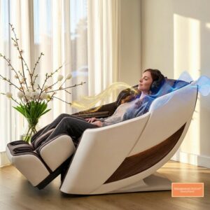 Casada-Massagesessel-Harmony-seitl.-Ansicht in der Farbe weiß-braun mit Holzoptik